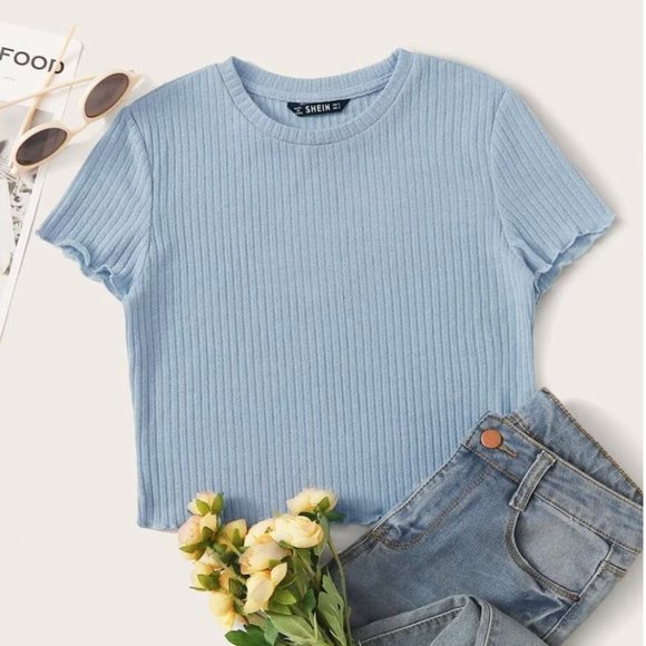 SHEIN Tops - SHEIN| Light blue lettuce trim crop